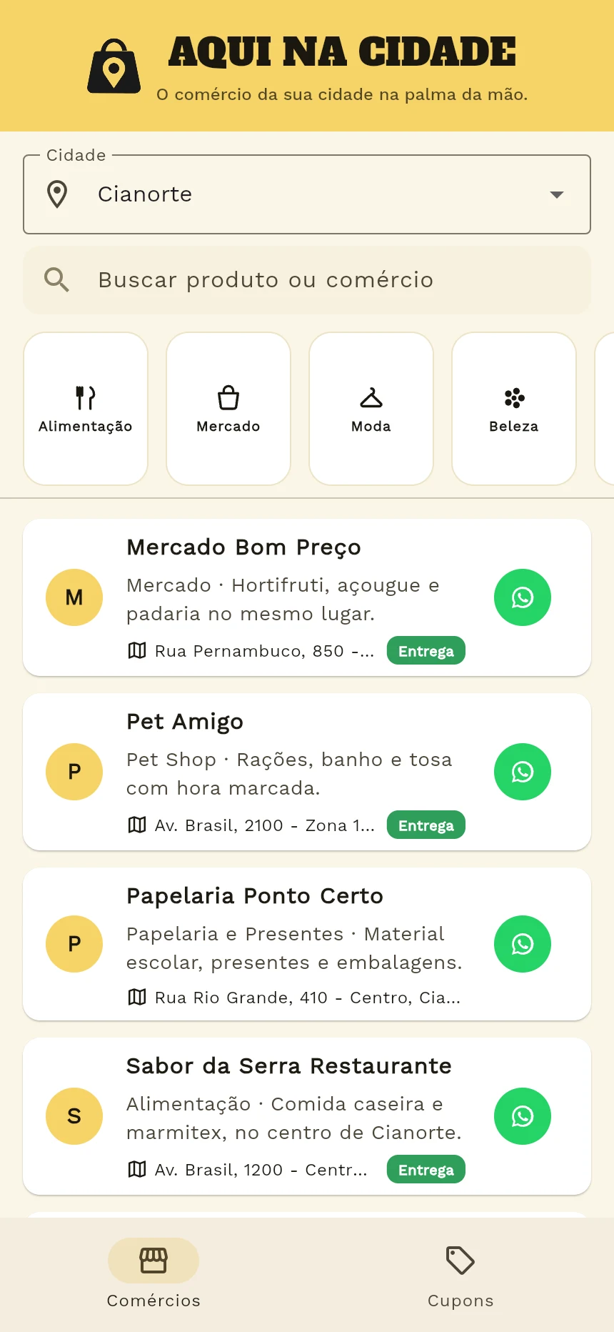 Tela do app com a lista de lojas de Cianorte por categoria